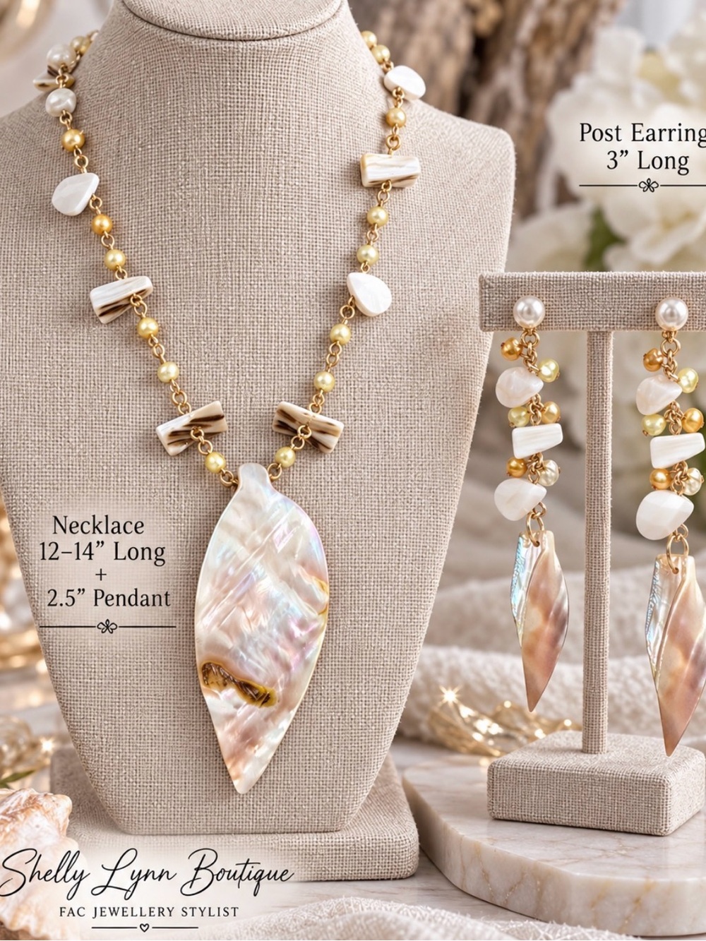 Gold and Mother-of-Pearl Pendant Necklace and Earrings Set - Genuine Shell 🐚 NTW